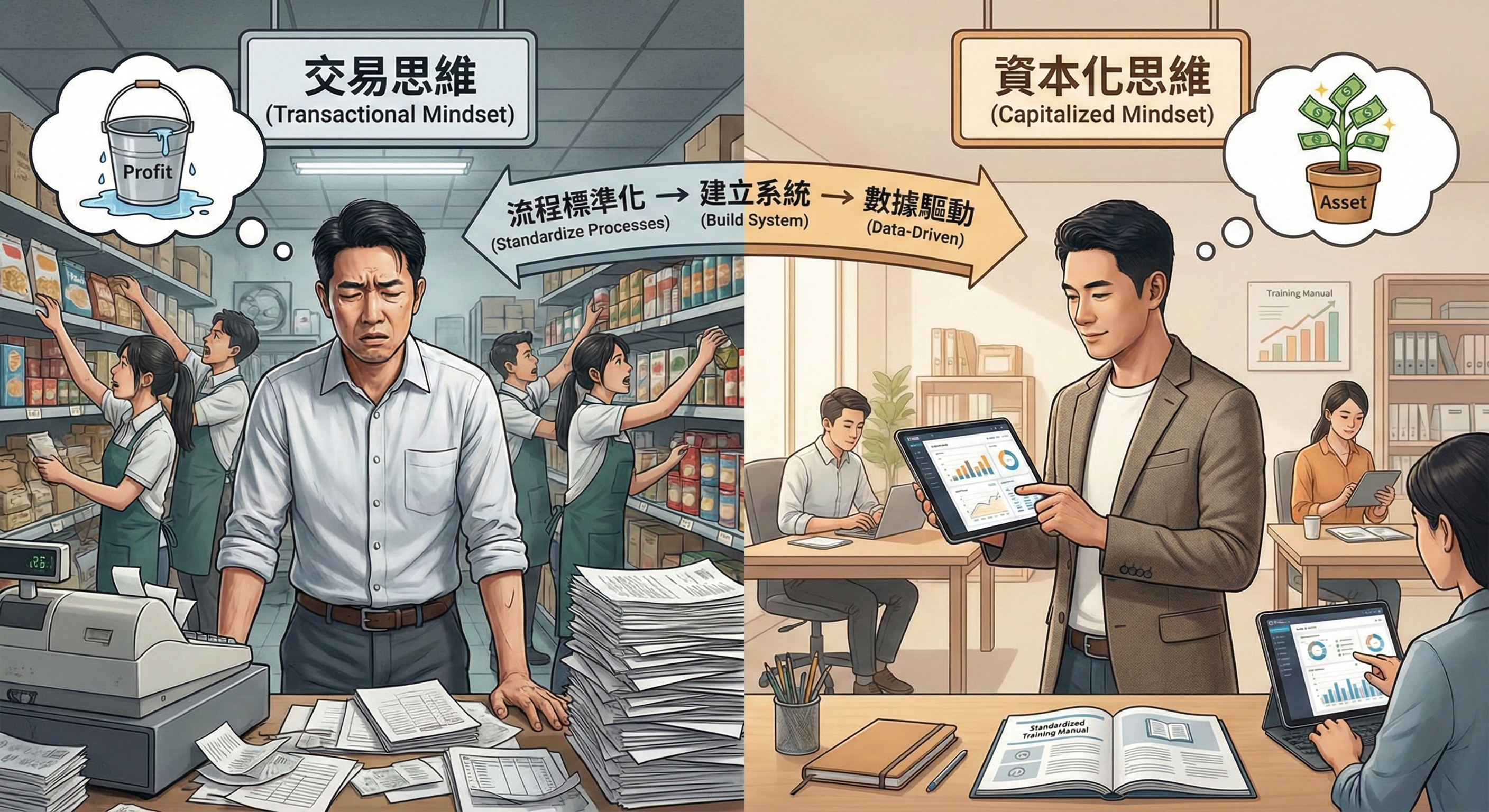一張對比「交易思維」與「資本化思維」的概念插圖。左側是一位在混亂商店中忙碌且壓力大的男子，頭上有漏水的利潤桶，象徵勞力密集但獲利流失；右側是一位在現代化辦公室中使用平板電腦管理數據的自信男子，頭上有成長的資產搖錢樹，象徵系統化管理帶來資產增值。中間透過「流程標準化、建立系統、數據驅動」的箭頭連接。