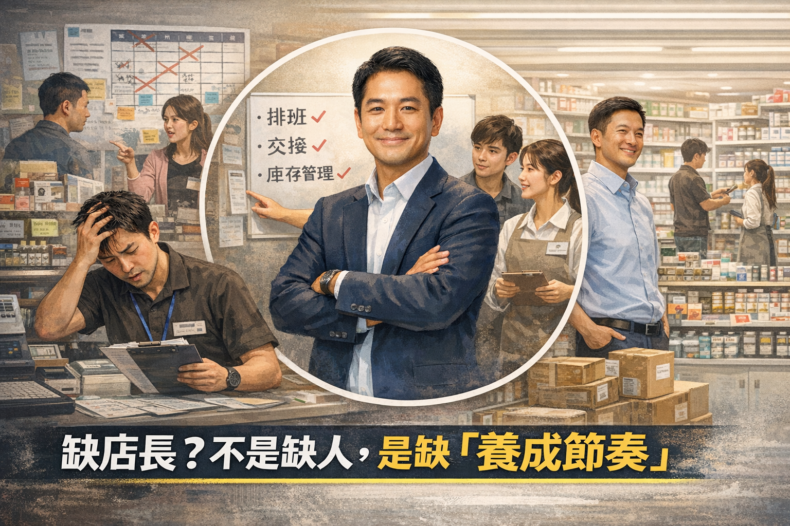 中小型連鎖零售門市因缺乏店長養成節奏而產生混亂，從壓力現場到制度建立的對比情境圖