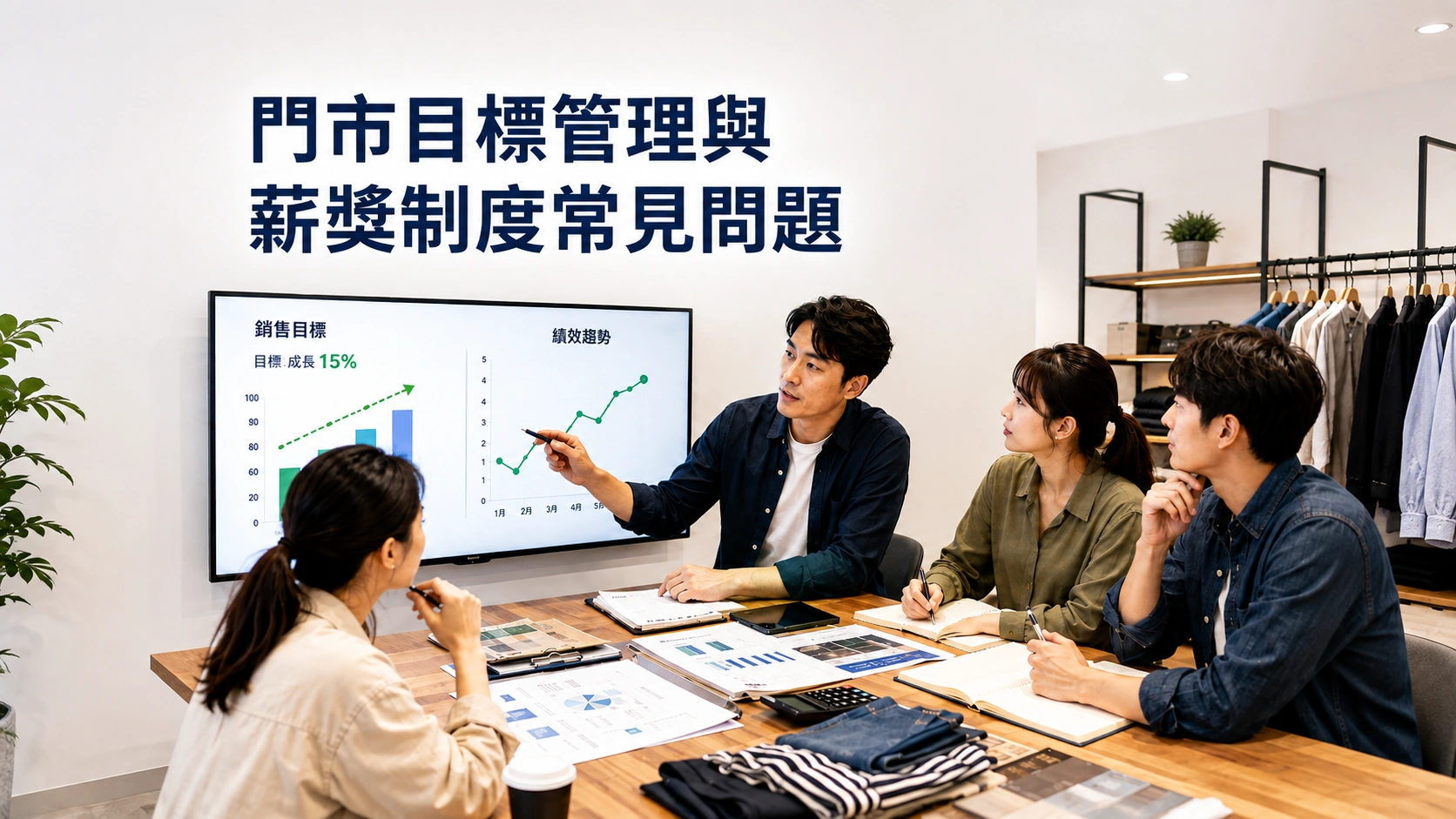 門市主管與員工討論業績目標、薪資結構及獎金制度，分析門市目標管理與薪獎制度常見問題。