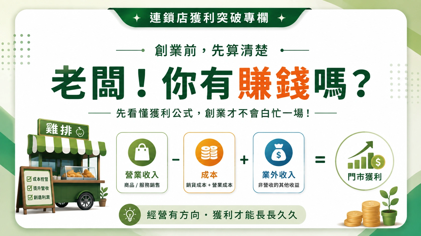 連鎖店獲利突破專欄「老闆！你有賺錢嗎？」文章封面，說明創業者應從營業收入、成本、業外收入與機會成本，重新檢視真正的獲利。