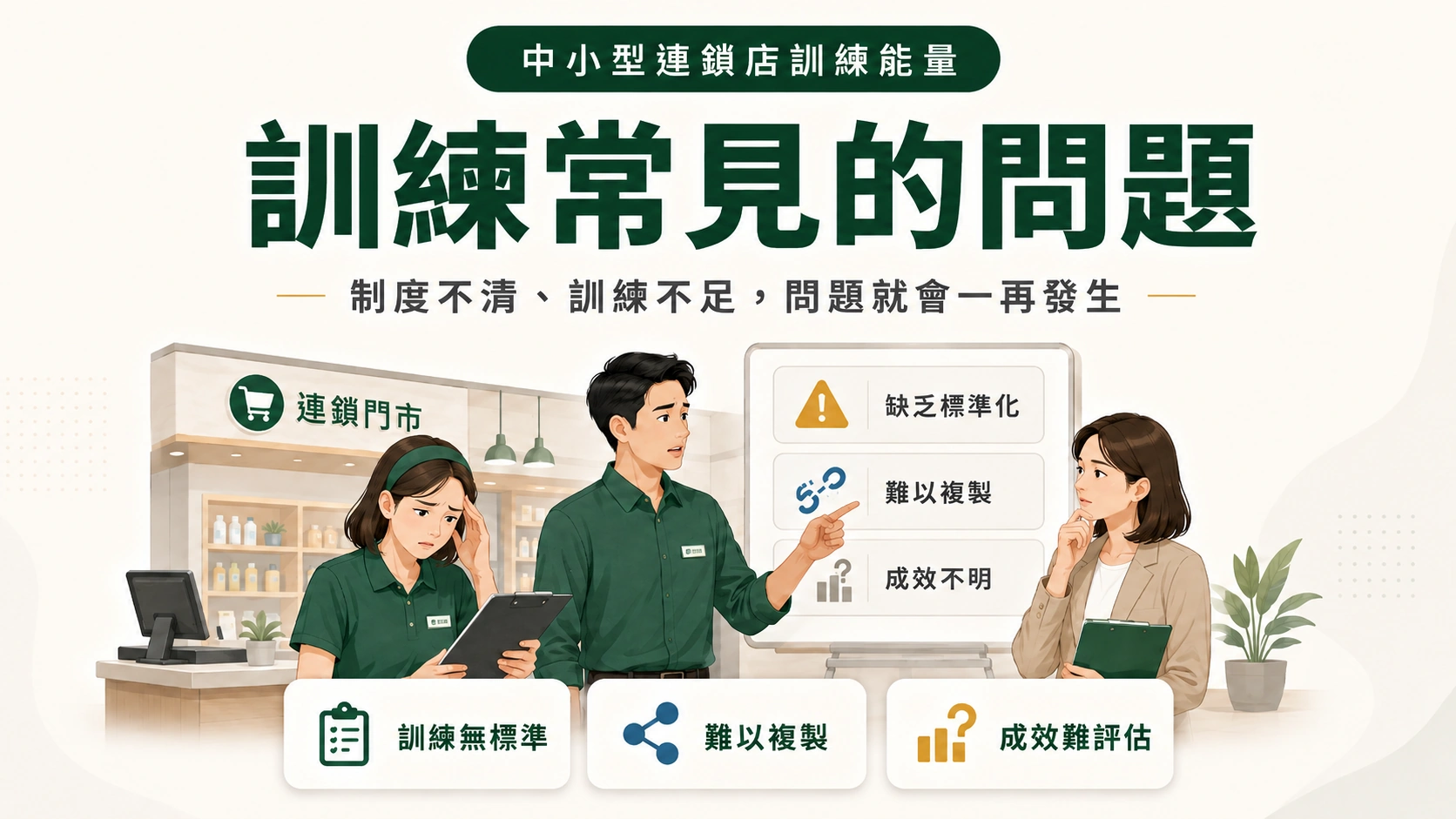 訓練常見的問題文章封面，呈現中小型連鎖店在人員訓練上常見的標準化不足、難以複製與成效難評估等問題。
