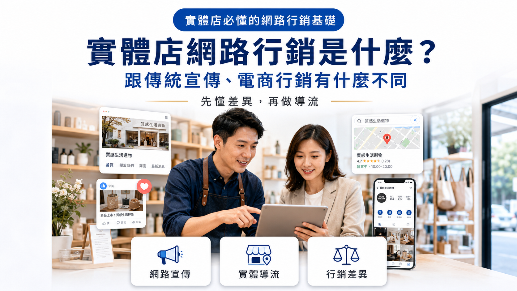 實體店網路行銷是什麼，從傳統宣傳到電商行銷差異，說明實體店如何透過網路宣傳、搜尋曝光與導流，把顧客帶進門市。