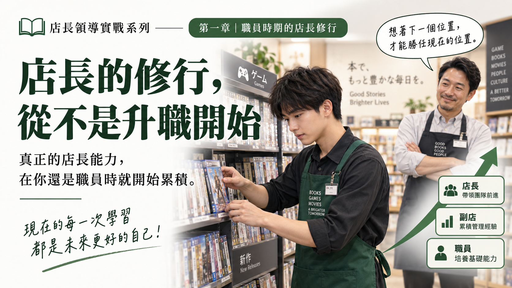 店長的修行，從不是升職開始。透過職員時期的真實門市經驗，說明如何從觀察、實作與反思中，提早培養未來店長所需的管理能力。