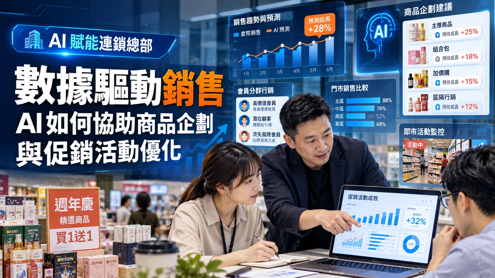 AI賦能連鎖總部的數據驅動銷售情境，呈現東方企業管理團隊透過AI分析銷售趨勢、會員分群、商品企劃建議、門市表現與促銷活動成效，提升商品與促銷決策精準度。