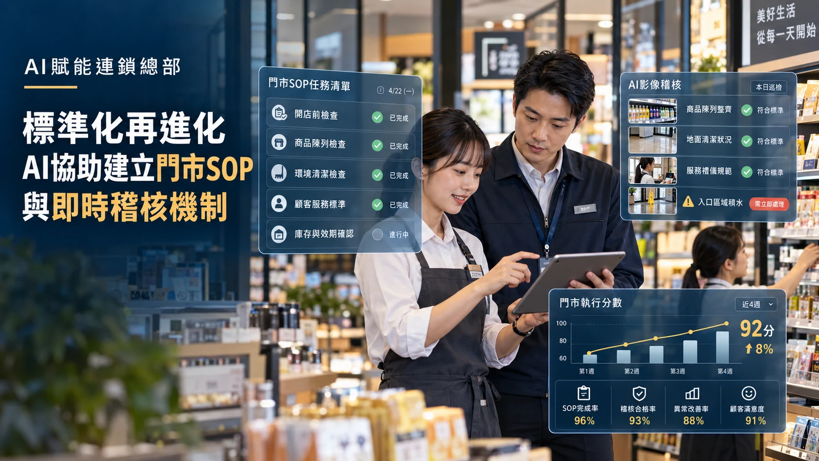 AI賦能連鎖總部的門市管理情境，呈現東方連鎖門市主管與店員透過平板查看門市SOP任務清單、AI影像稽核結果與執行分數分析，強化標準化管理與即時稽核。